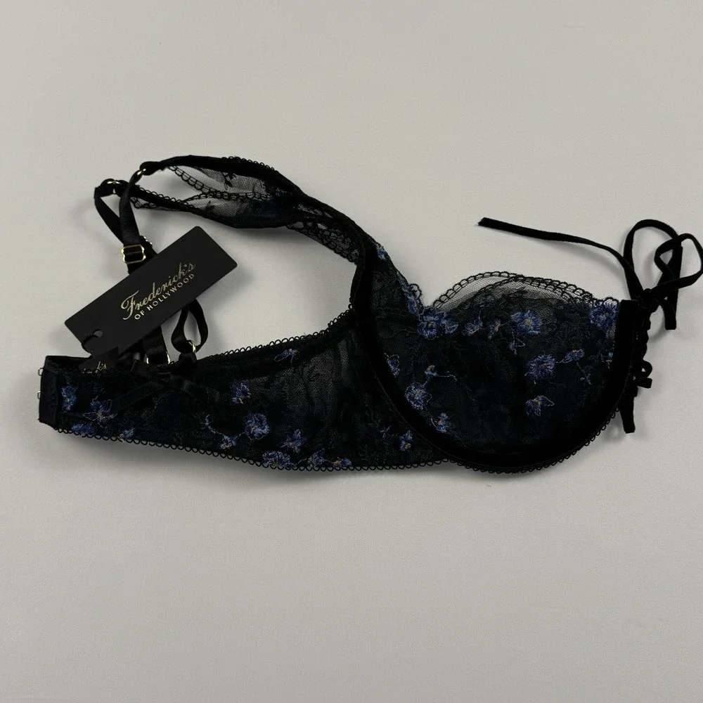 Fredericks Of Hollywood Womens Harlow Embroidered Mesh‎ Tie Front Bra Black 34 C